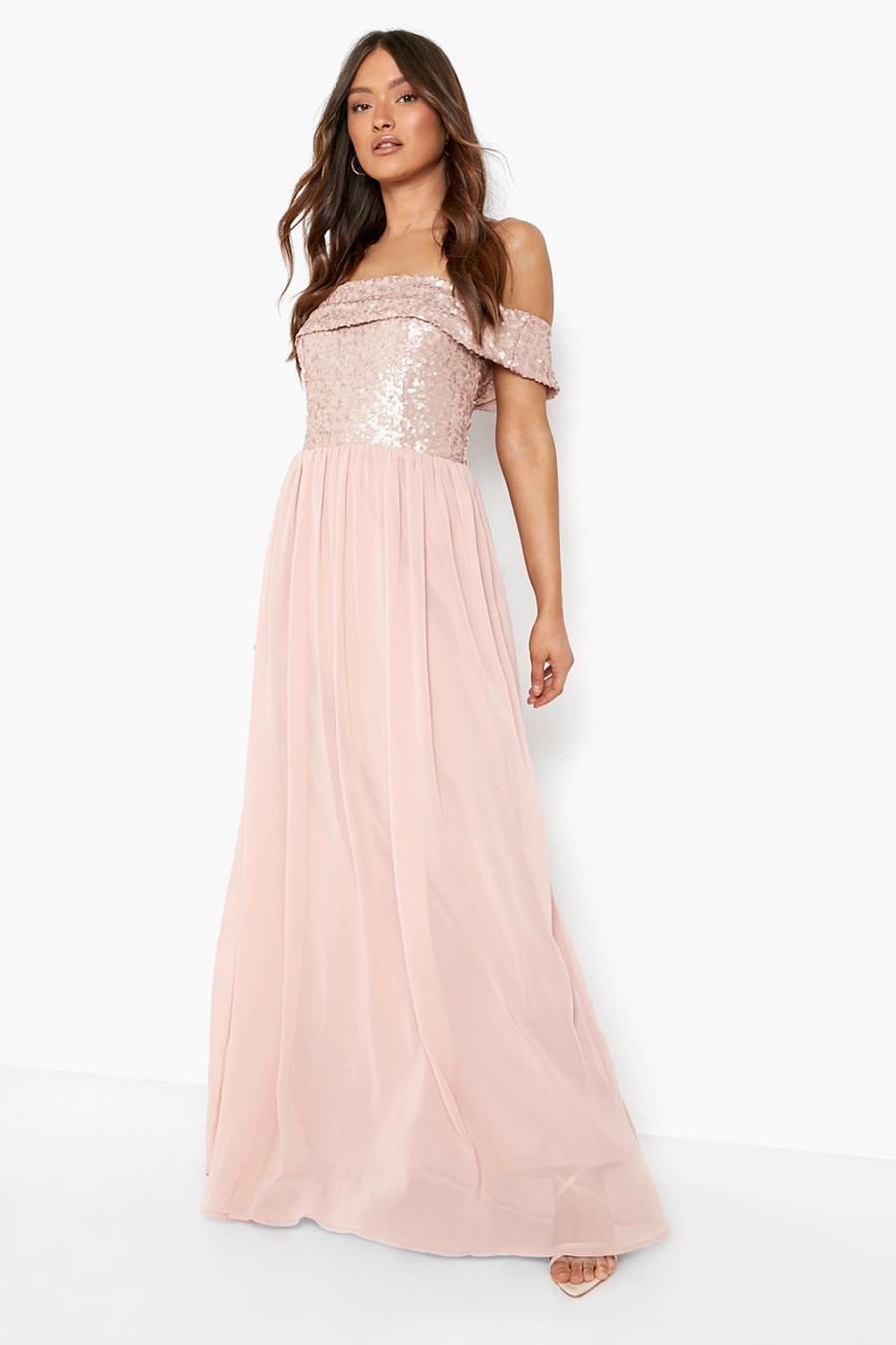 Blush pink Bridesmaid Occasion Sequin Bardot Maxi Dress image number 1