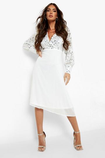 Sequin Wrap Midi Skater Dress ivory