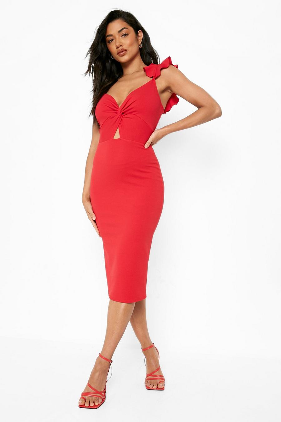 Red Ruffle Strap Twist Detail Bodycon Midi Dress image number 1