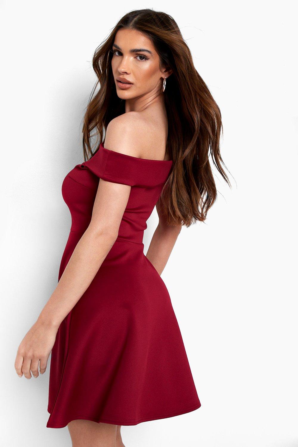 Boohoo red off on sale the shoulder dress