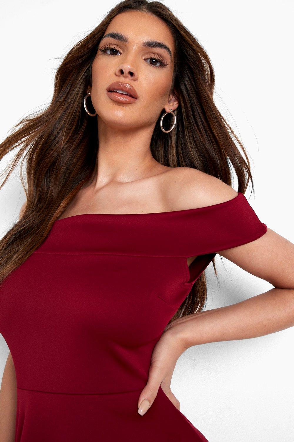 Off the shoulder skater dress boohoo hotsell