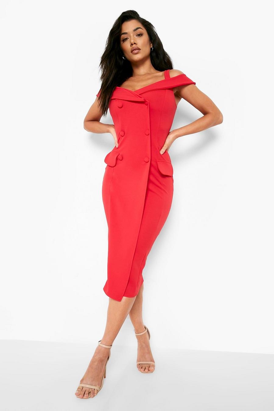 Red Cold Shoulder Double Breasted Midi Dress image number 1