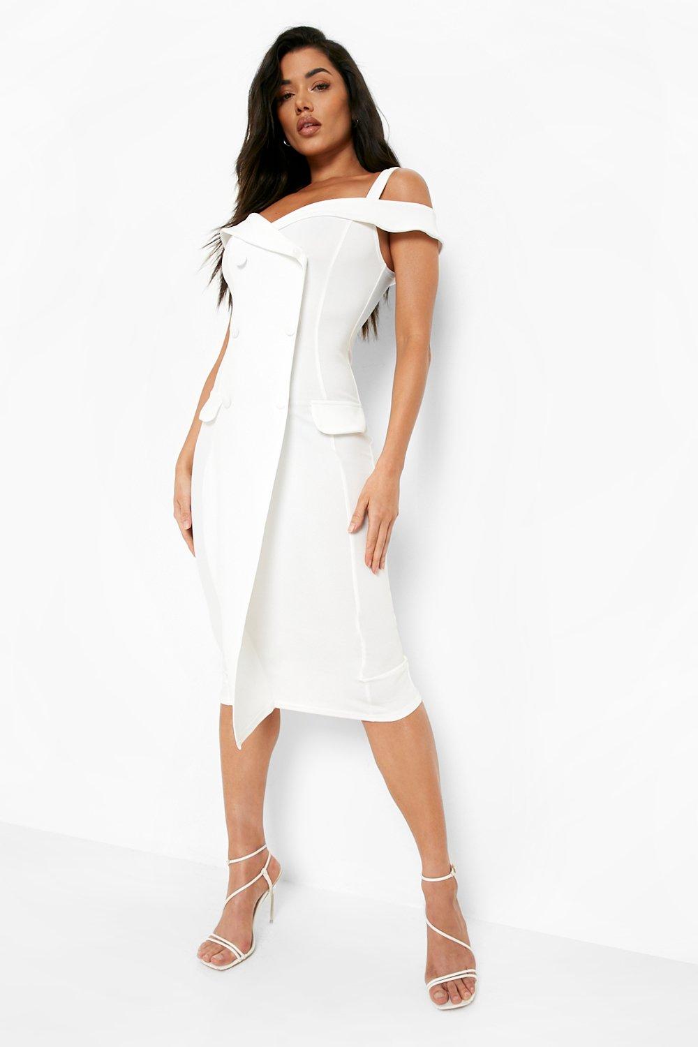 Robe portefeuille effet blazer a epaules denudees