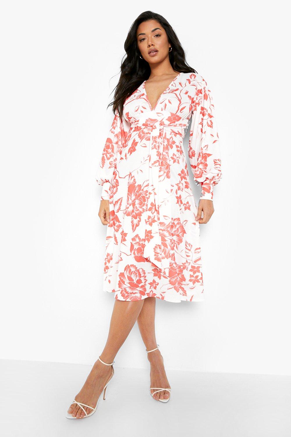 White floral best sale plunge midi dress