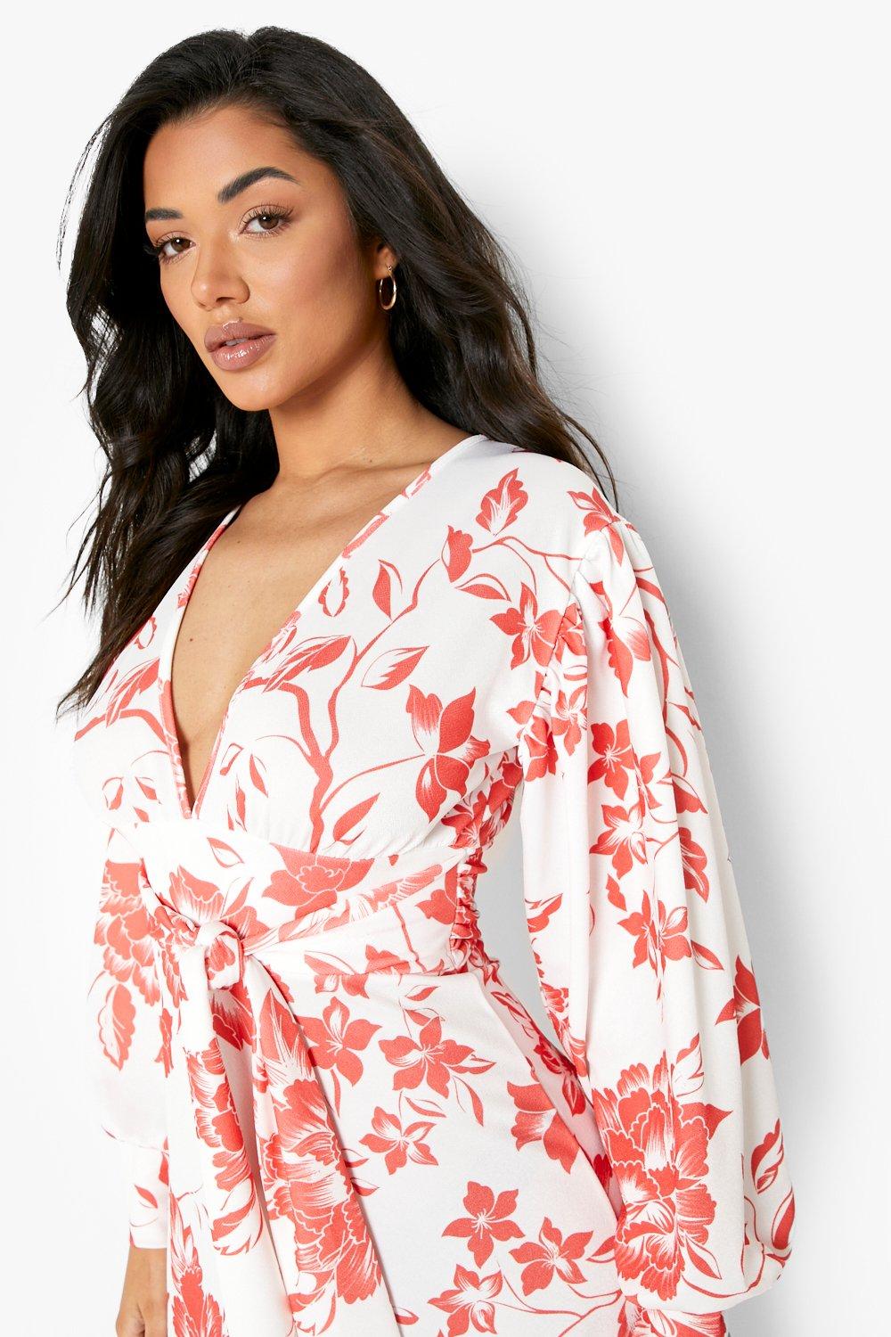 Floral print hotsell plunge kimono dress