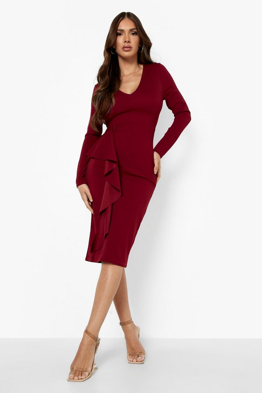 Berry Ruffle Detail Long Sleeve Midi Dress image number 1