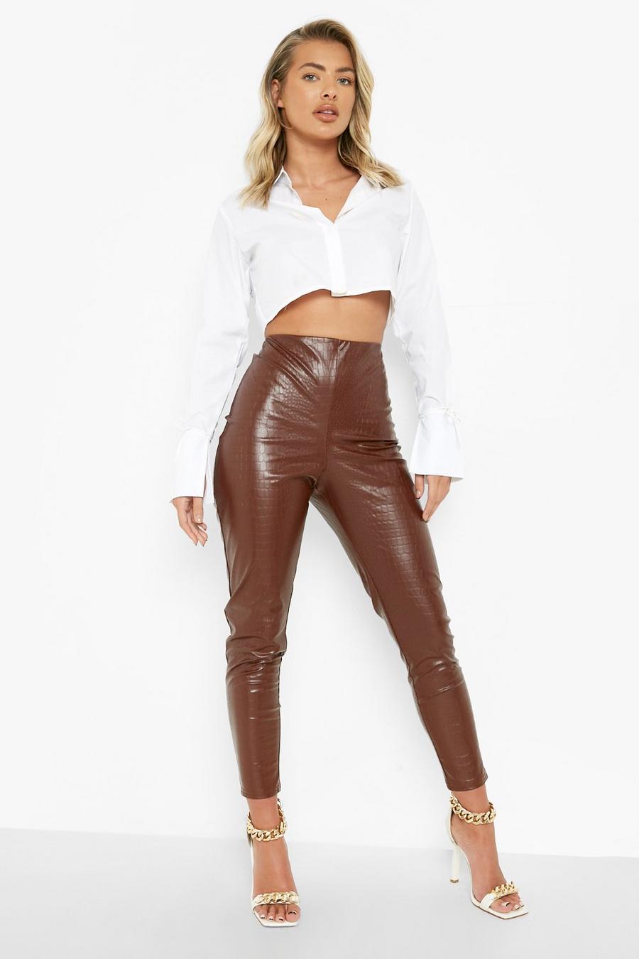 Chocolate Faux Leather Croc Leggings image number 1
