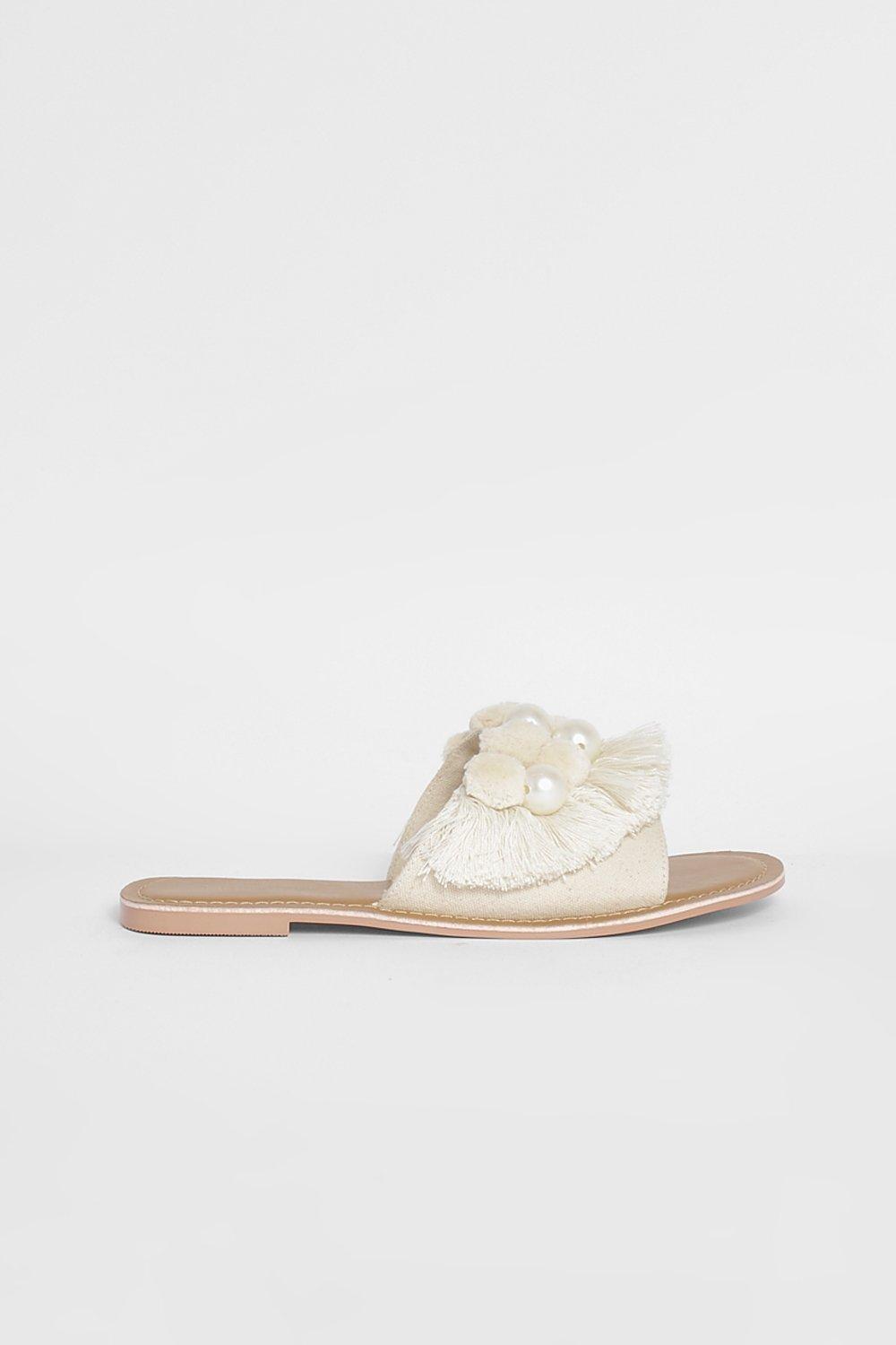 Pearl Pom Pom Detail Strap Sliders boohoo IL