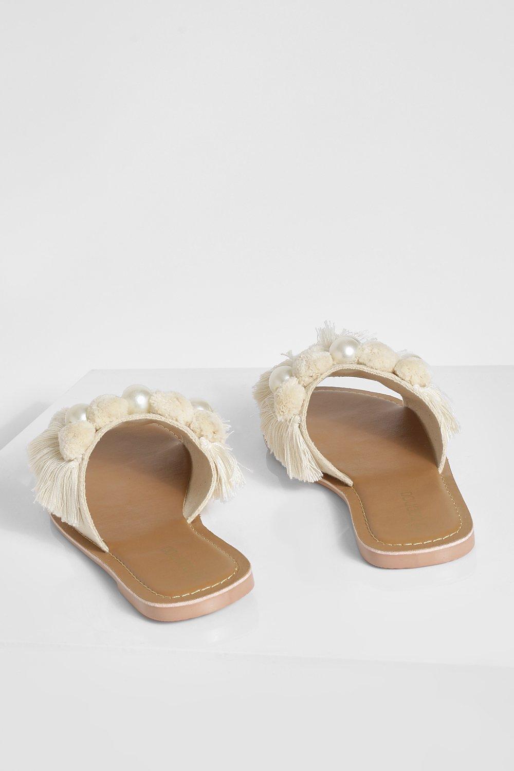 Pearl Pom Pom Detail Strap Sliders boohoo IL