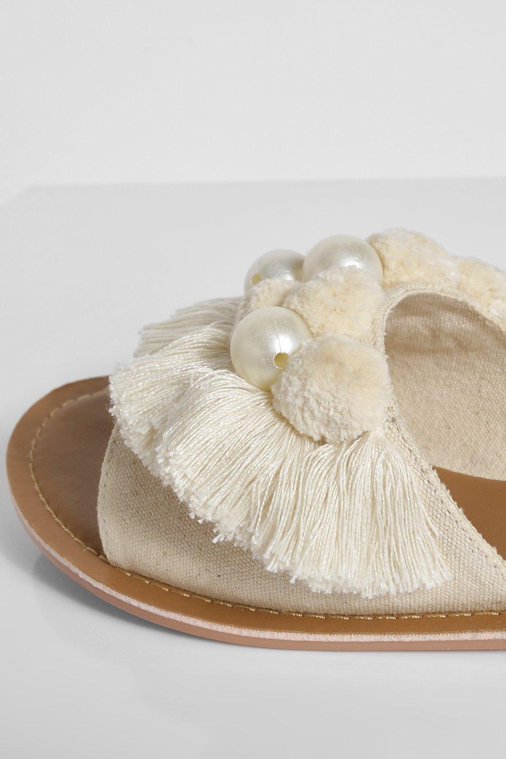 Pearl Pom Pom Detail Strap Sliders boohoo NO