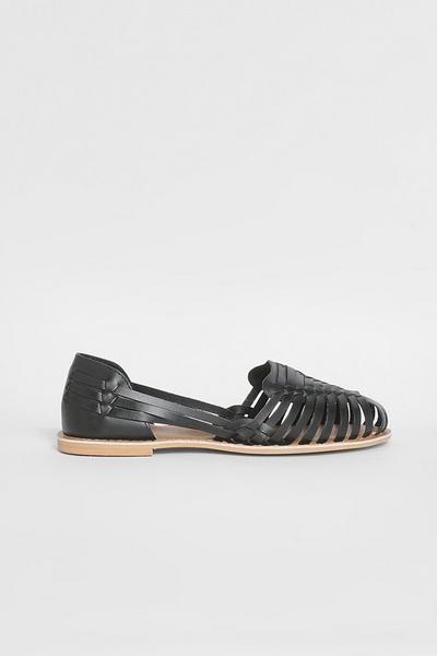boohoo black Wide Fit Leather Woven Ballet Flats