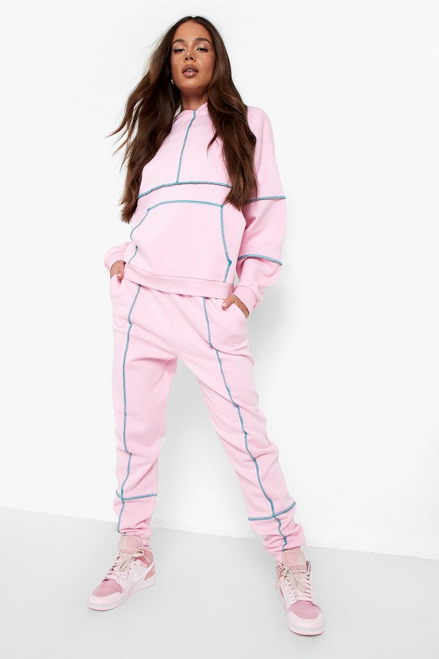 Pink Contrast Stitch Hooded Oversized Tracksuit image number 1