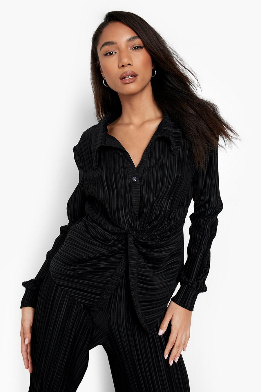 Black Plisse Twist Detail Relaxed Fit Shirt image number 1
