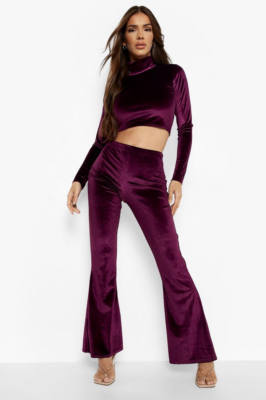 Jewel purple Velvet High Neck Top & Flared Trousers image number 1