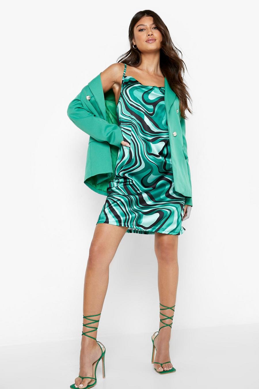 Vestido lencero con escote plisado y estampado abstracto, Bright green image number 1