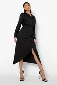 Black Satin Wrap Ruched Side Midaxi Skirt