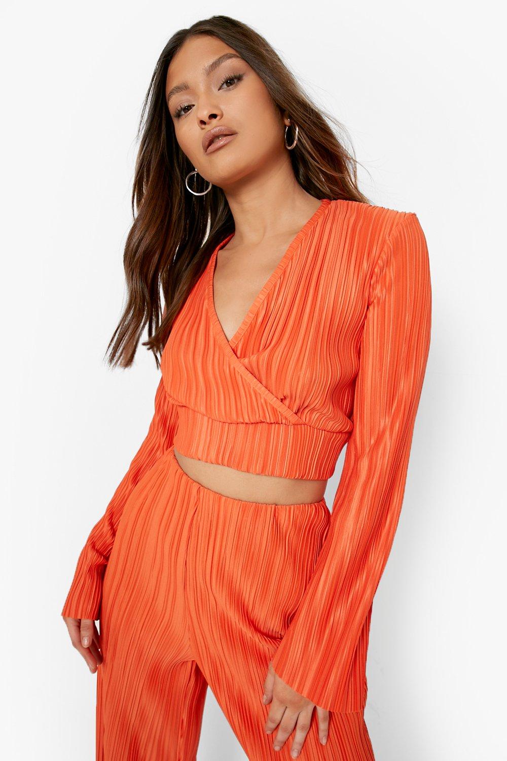 Tangerine Plisse Flared Sleeve Shirt Dress