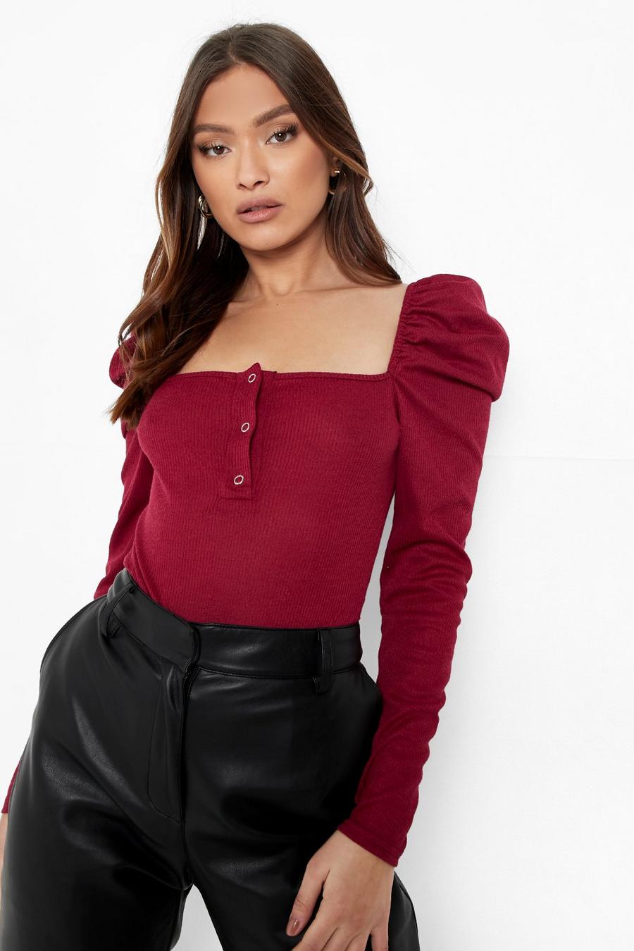 Berry Button Detail Puff Sleeve Rib  Bodysuit image number 1