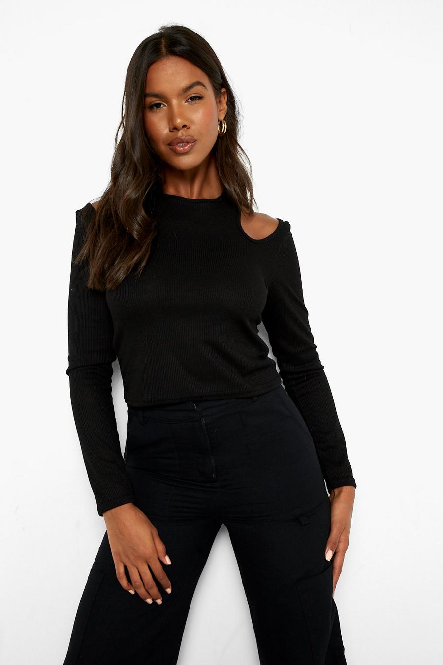 Black Cut Out Rib Long Sleeve Top image number 1