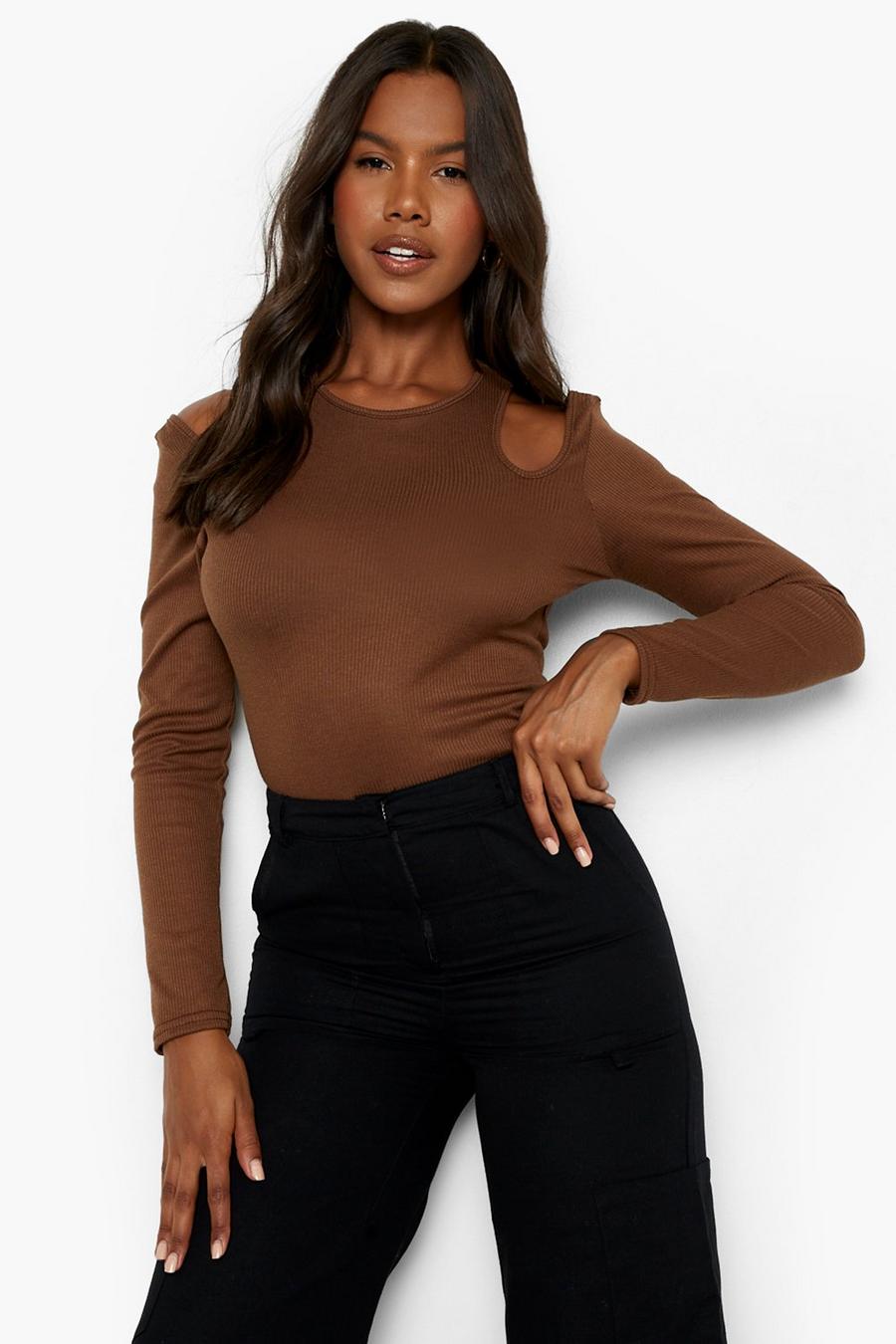 Chocolate Cut Out Rib Long Sleeve Top image number 1