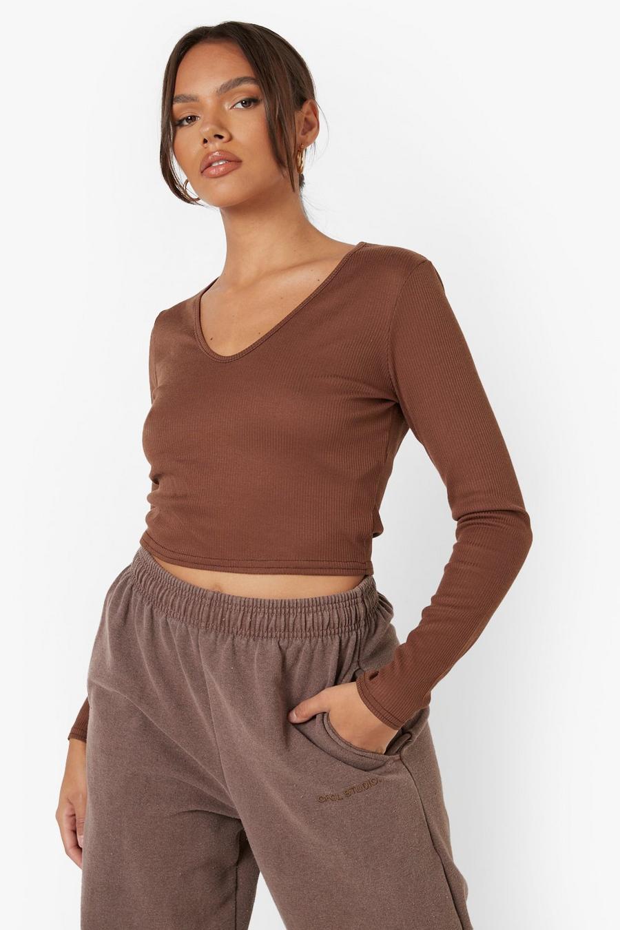 Crop top a coste con scollo a V, Chocolate image number 1