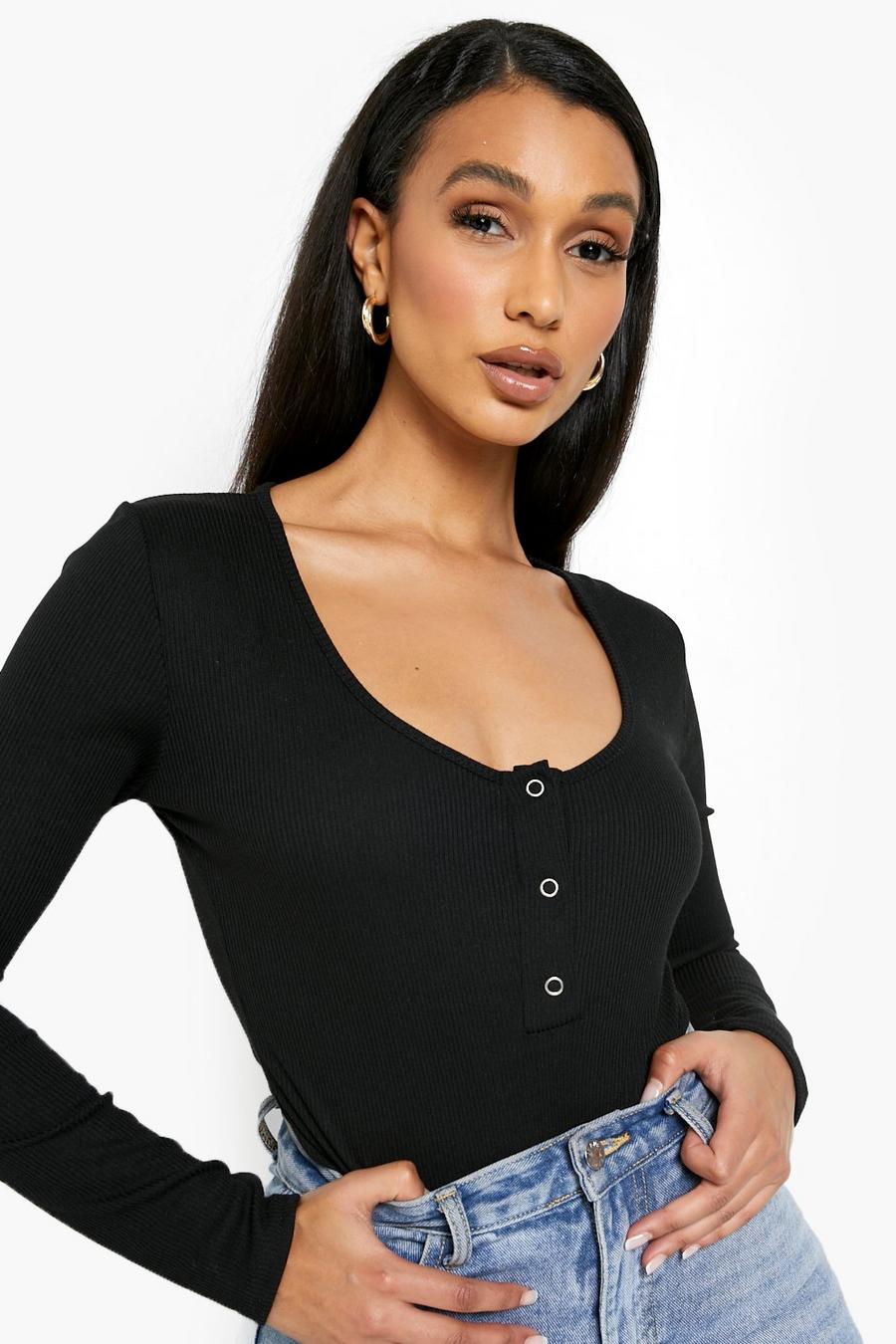 Black schwarz Button Detail Long Sleeve Rib  Bodysuit image number 1