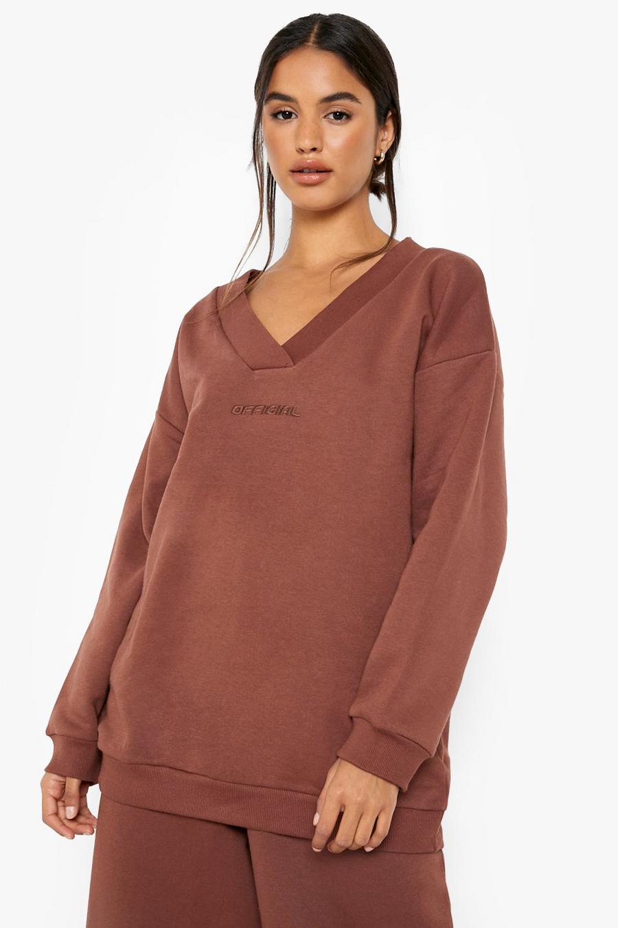 Chocolate Official V Neck Oversized Sweater image number 1