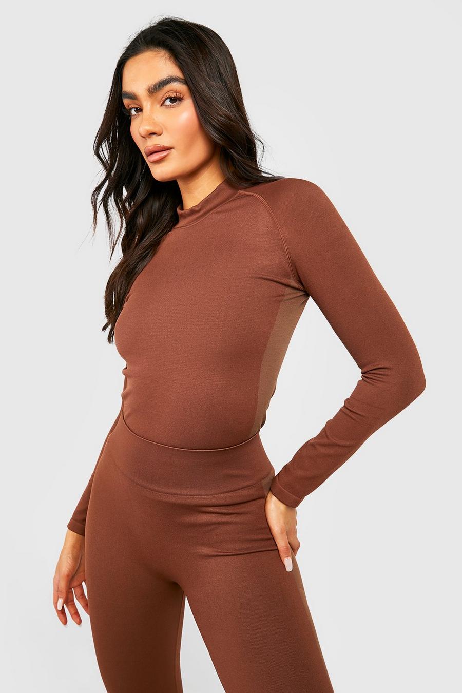 Chocolate Funnel Neck Seamless Gym Top image number 1