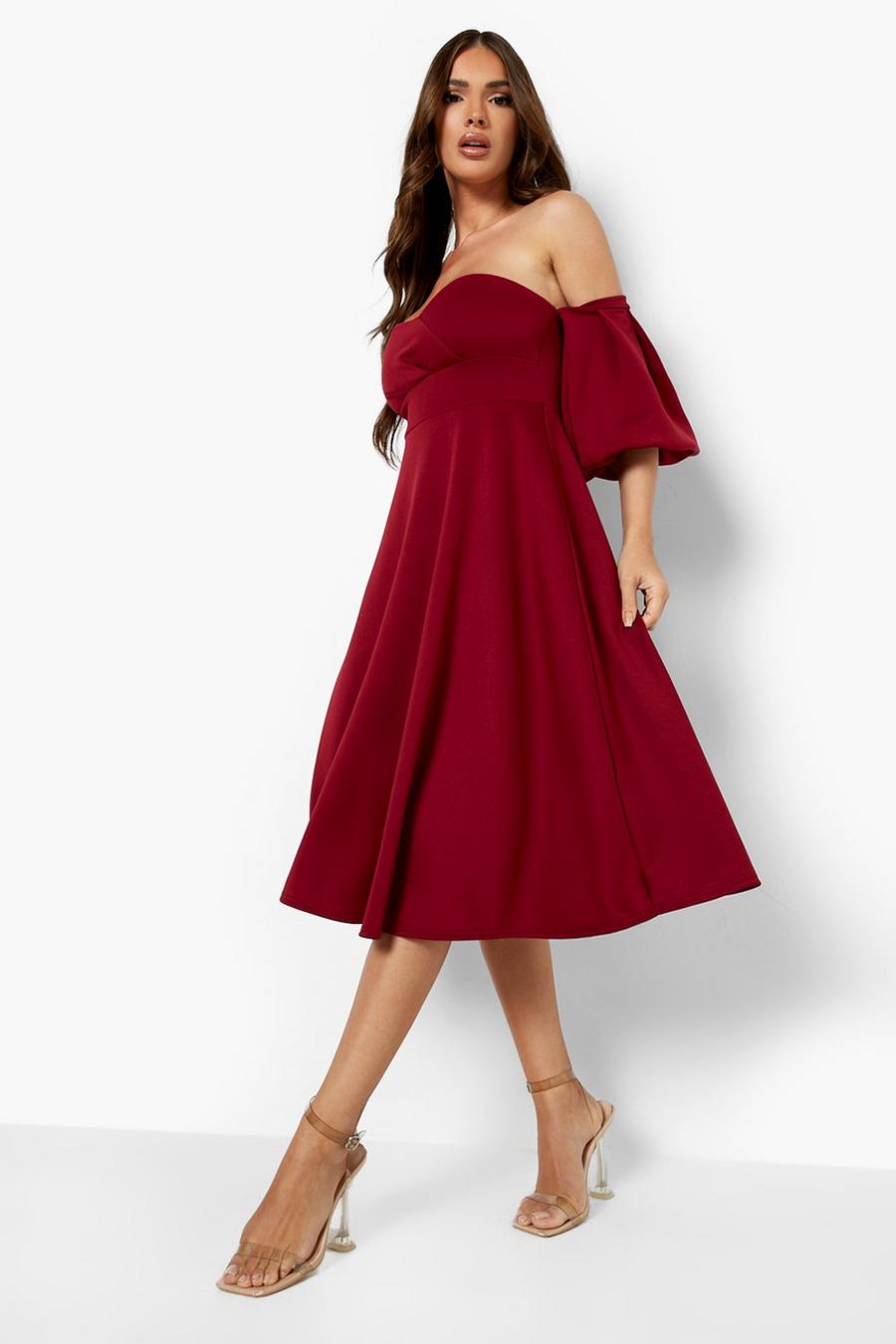 Berry Puff Sleeve Midi Skater Dress image number 1