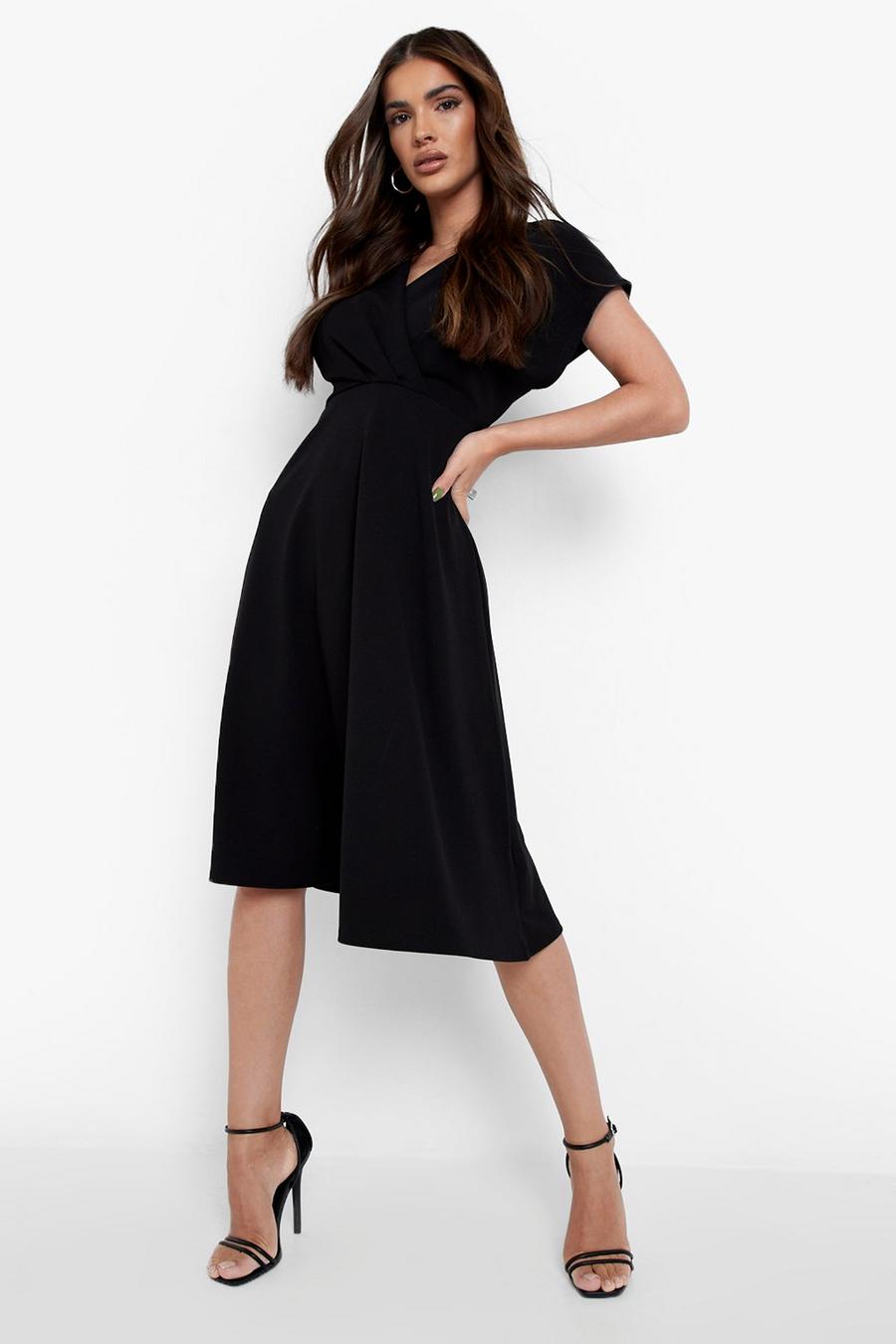 Black Wrap Front Midi Skater Dress image number 1