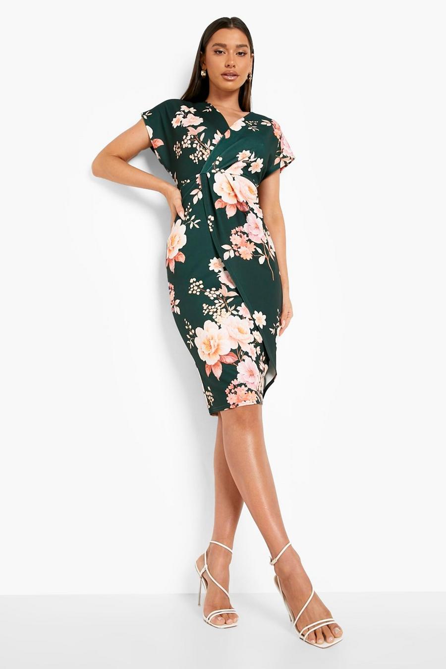 Green Floral Print Wrap Front Midi Dress image number 1
