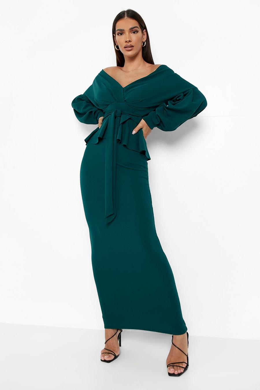 ירוק בקבוק שמלת מקסי פפלום עם כתפיים חשופות image number 1