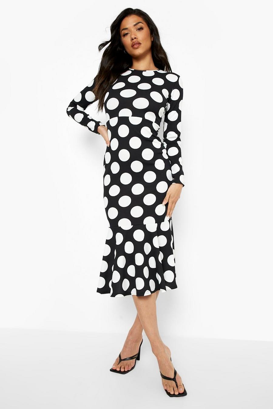 Black Polka Dot Fishtail Long Sleeve Midaxi Dress image number 1