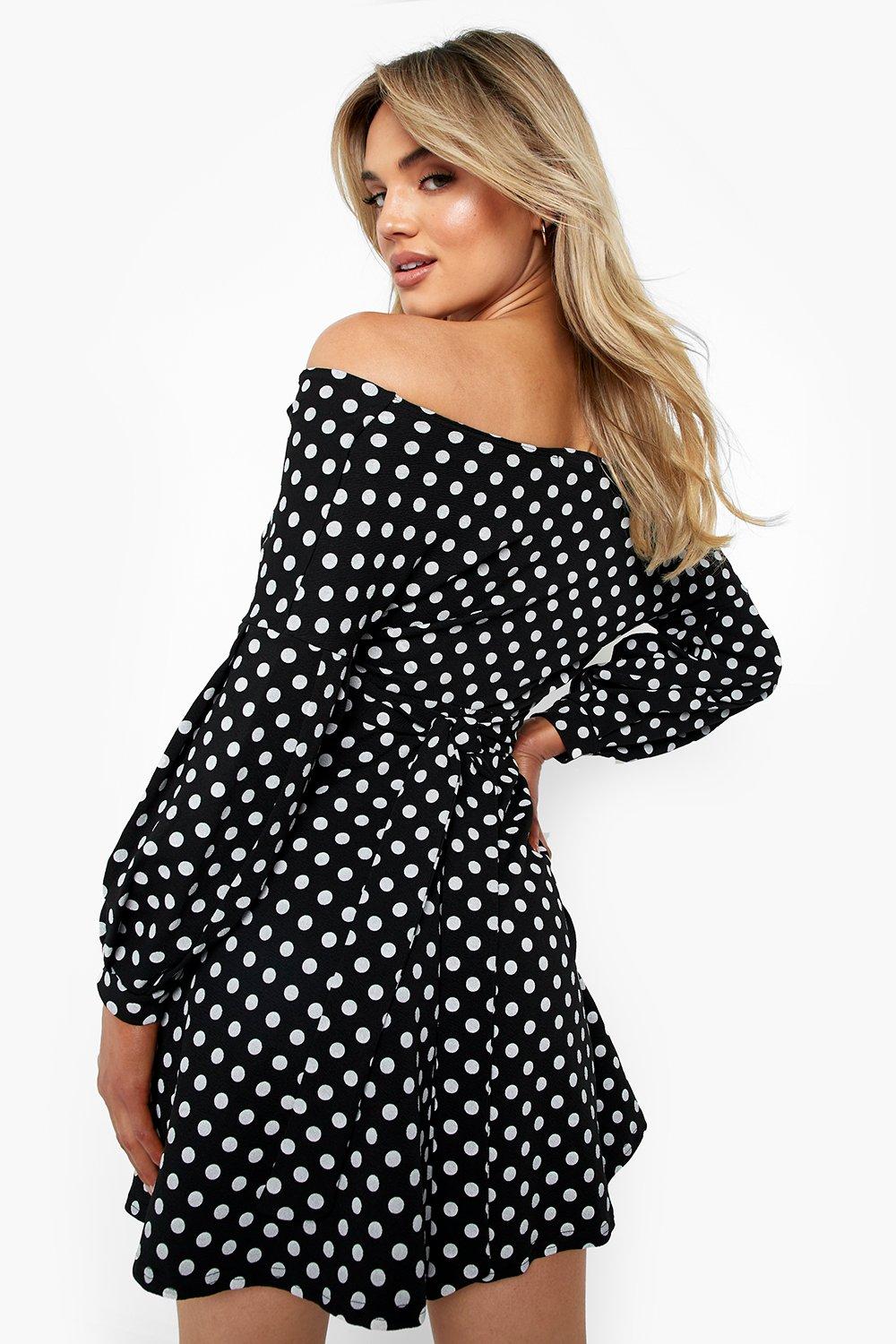 Black and white polka cheap dot off the shoulder dress