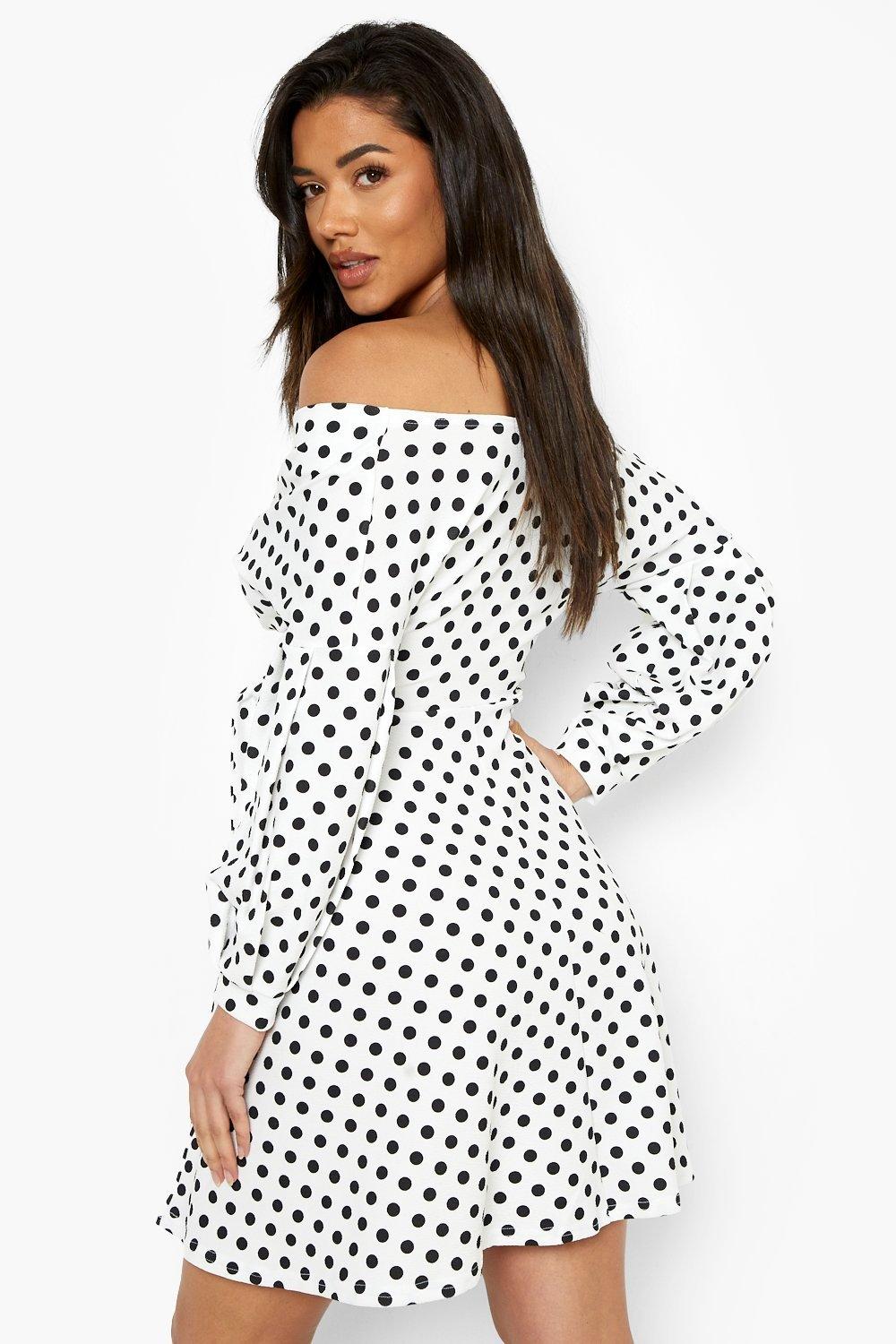 white polka dot off shoulder dress