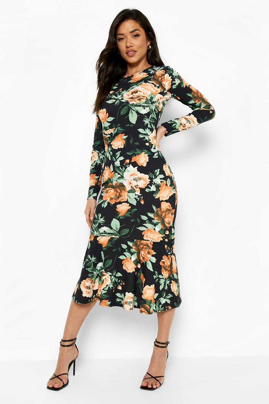 Black Floral Fishtail Long Sleeve Midaxi Dress image number 1