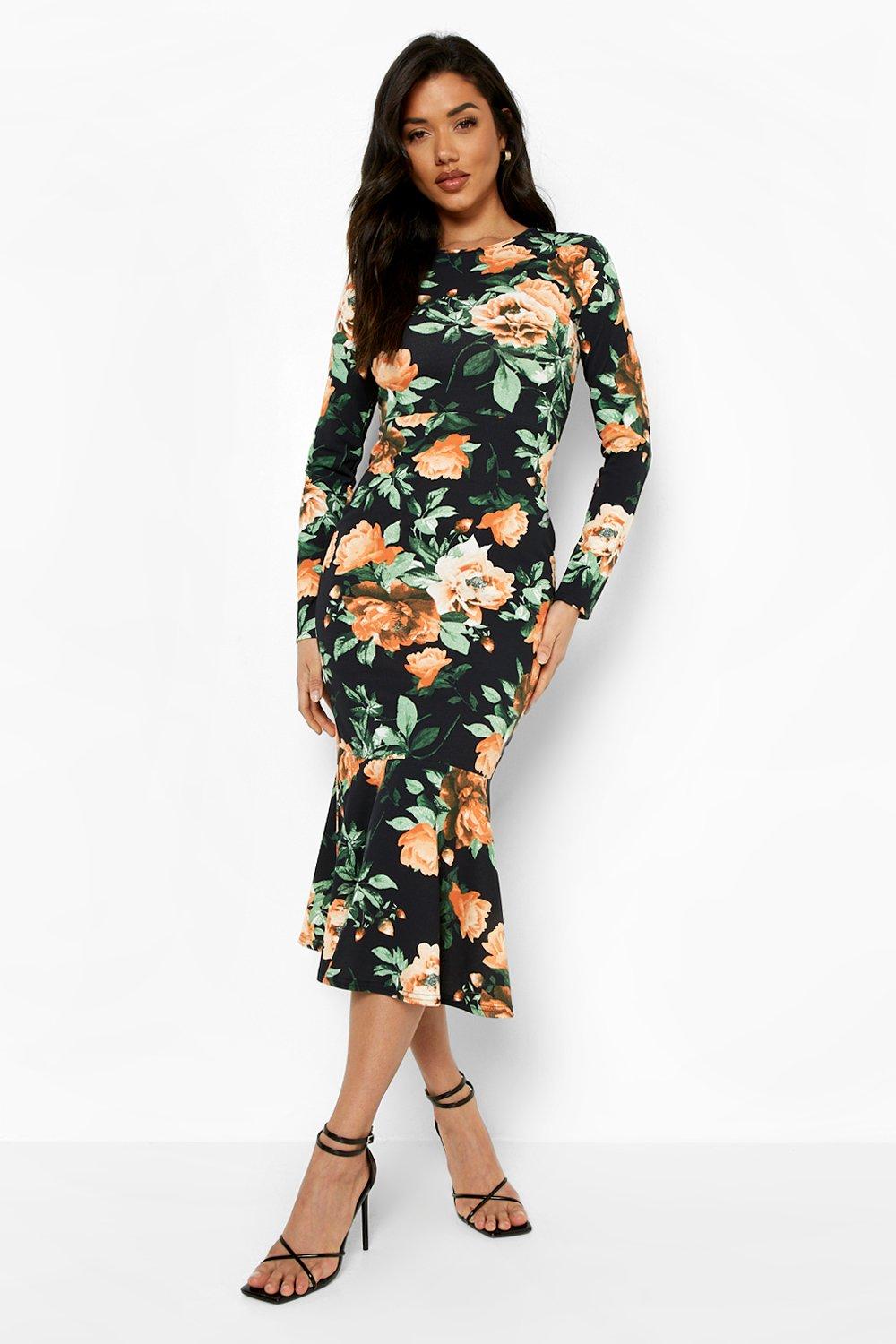 Floral Fishtail Long Sleeve Midaxi Dress