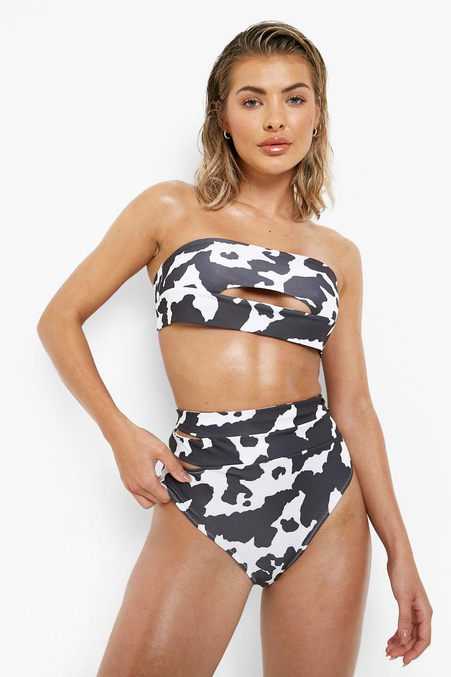 Black Cow Print Cut Out Bikini Bandeau Top image number 1