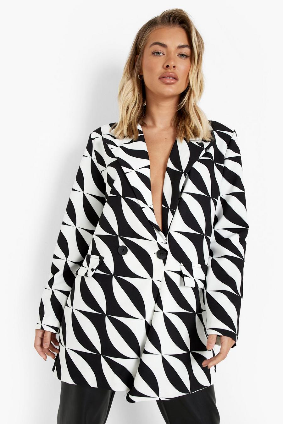 Black Large Scale Abstract Print Oversized Blazer image number 1