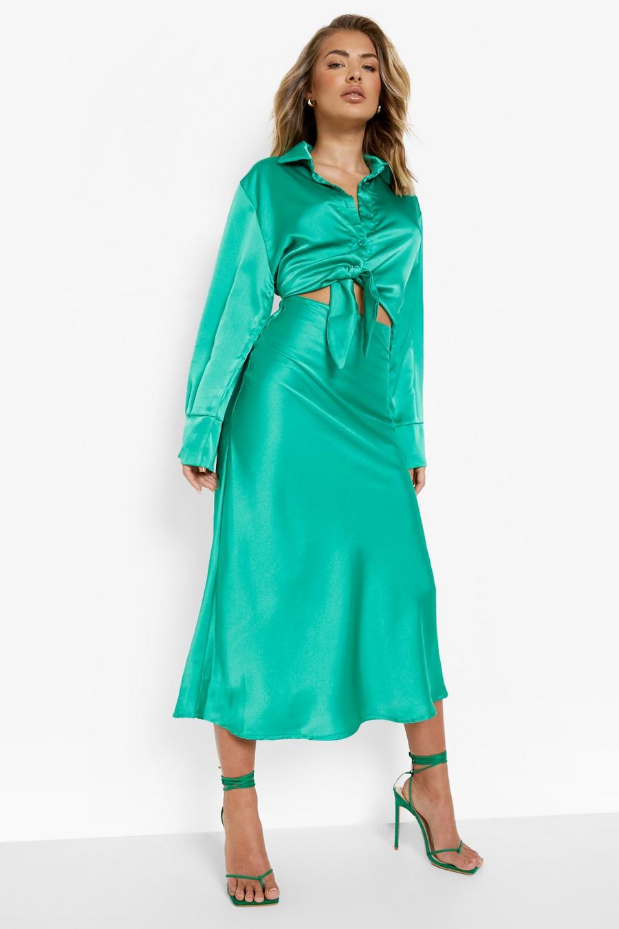 Bright green Satin Bias Slip Skirt image number 1