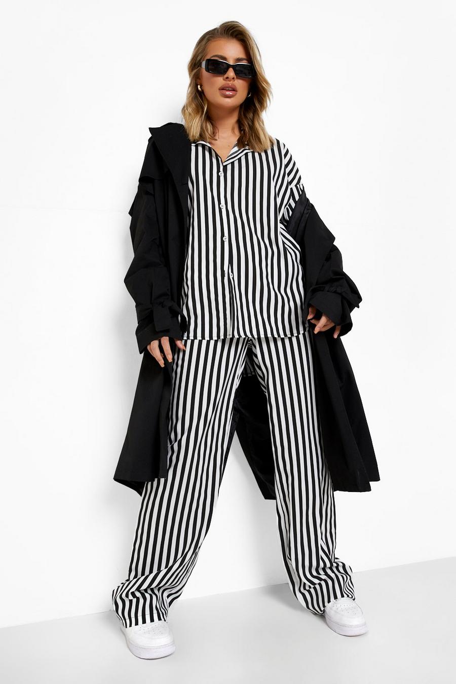 Black Mono Stripe Relaxed Wide Leg Pants image number 1
