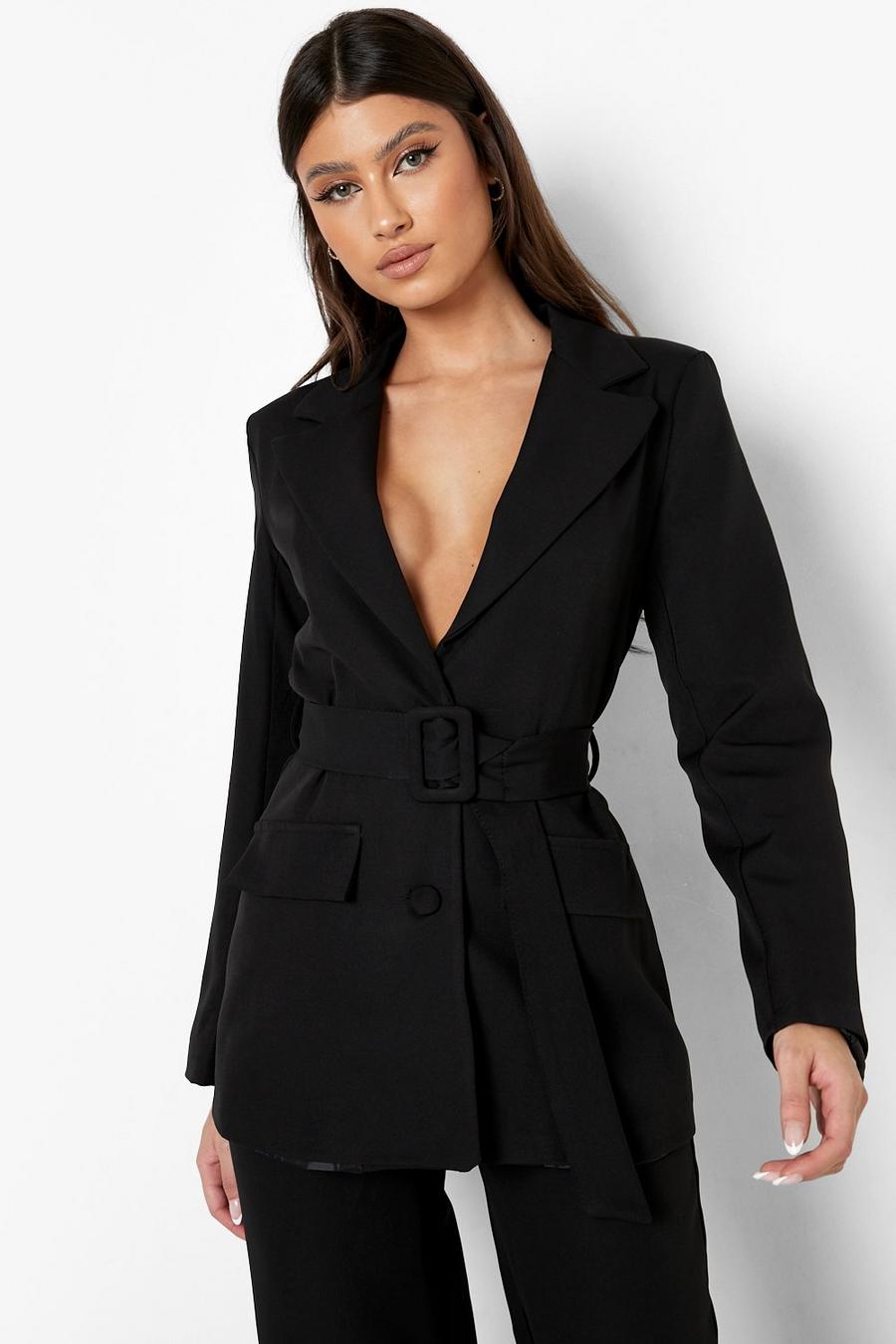 Black Self Fabric Belted Tailored Blazer image number 1