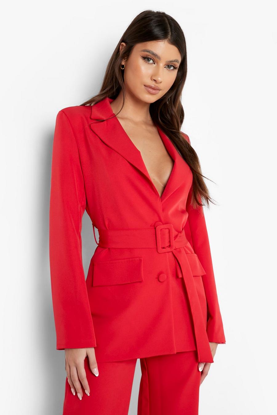 Red Self Fabric Belted Tailored Blazer image number 1