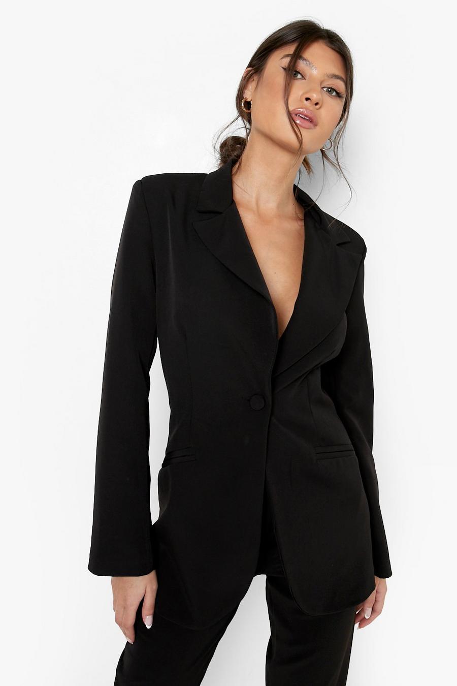 Black Self Fabric Button Tailored Fitted Blazer image number 1