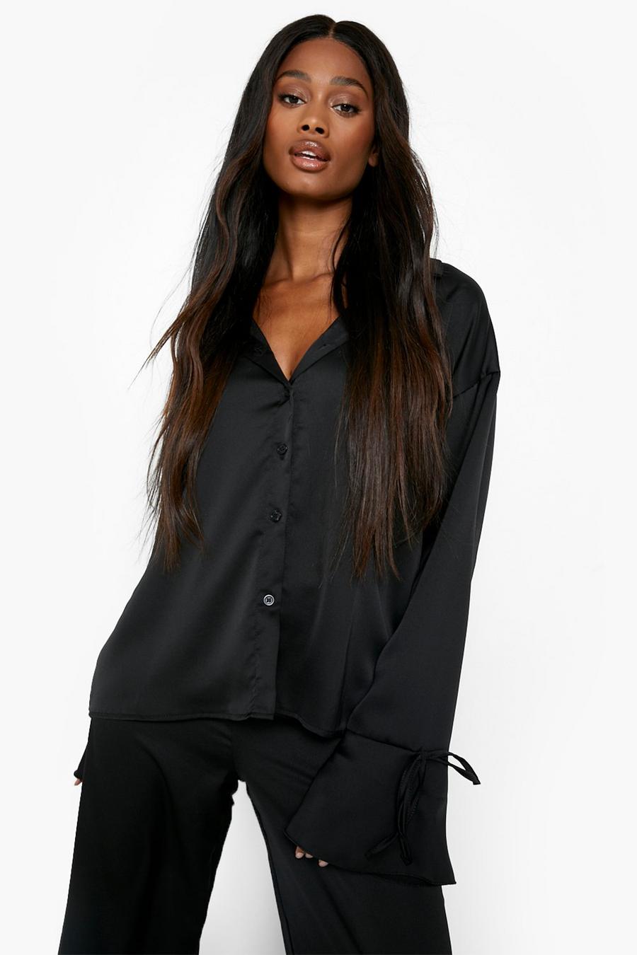 Black Satin Tie Cuff Relaxed Fit Shirt image number 1