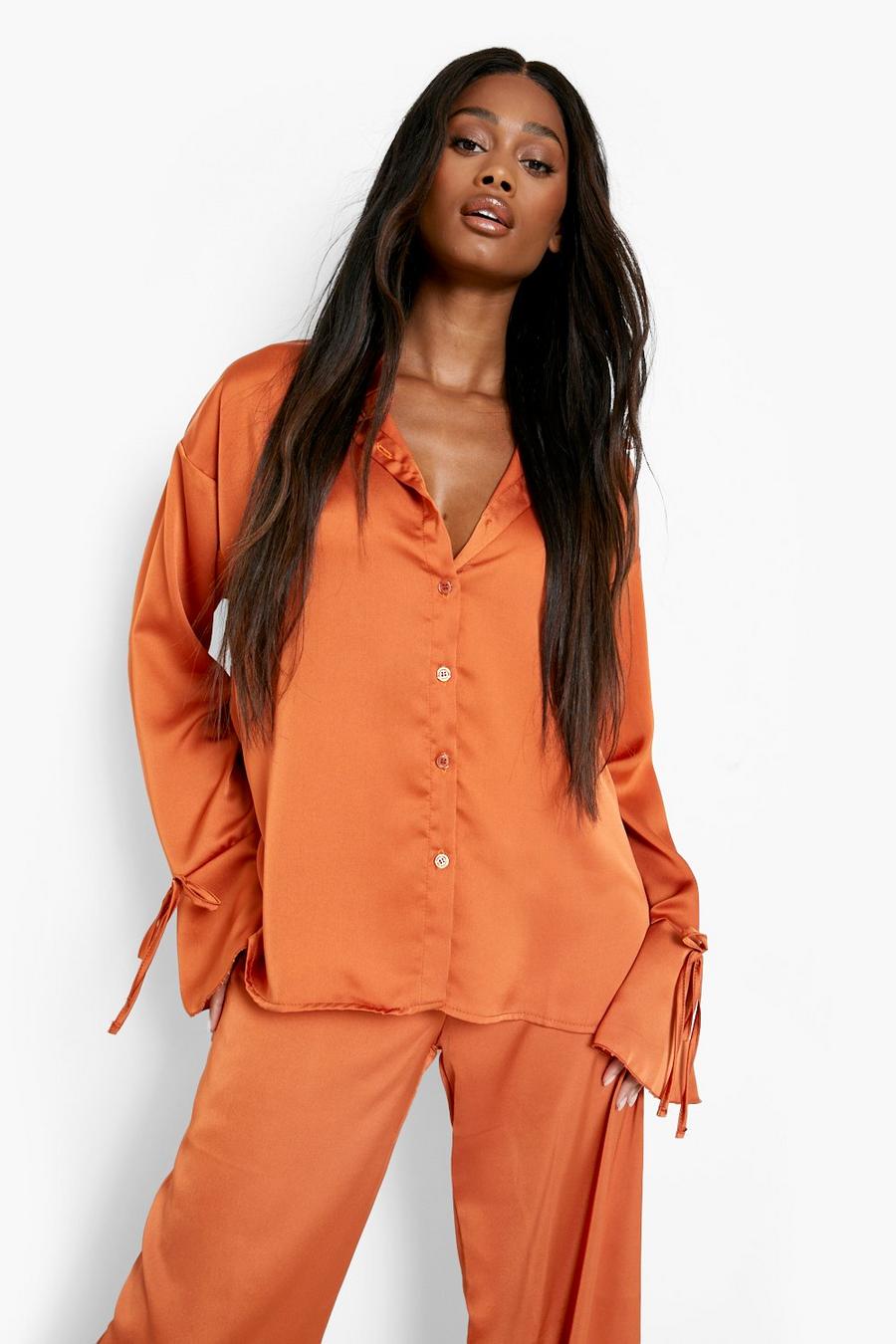 Orange Satin Tie Cuff Relaxed Fit Shirt image number 1