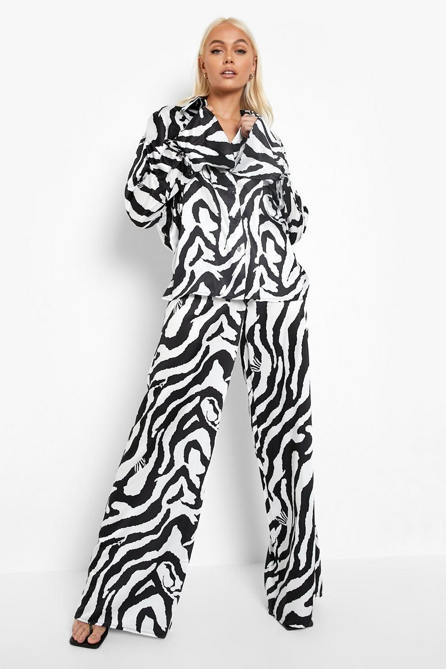 Black Satin Zebra Print Wide Leg Pants image number 1