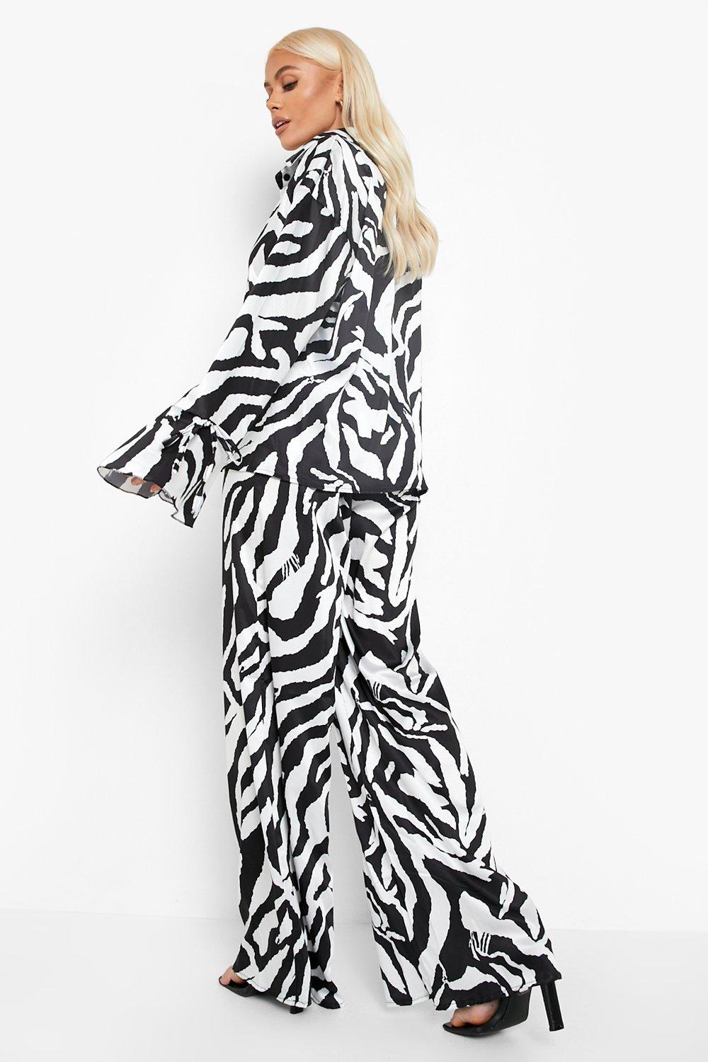 Black/White Satin Zebra Print Flared Trousers - ShopperBoard