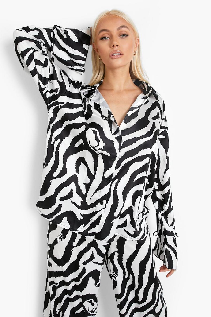 Black Zebra Print Tie Cuff Relaxed Fit Shirt image number 1