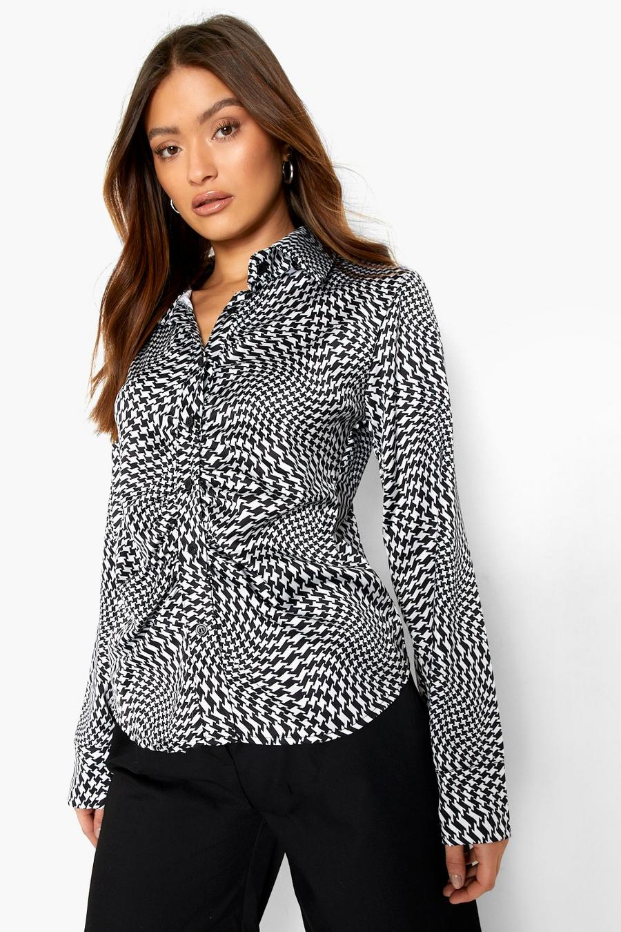Black Checkerboard Ruched Front Satin Shirt image number 1